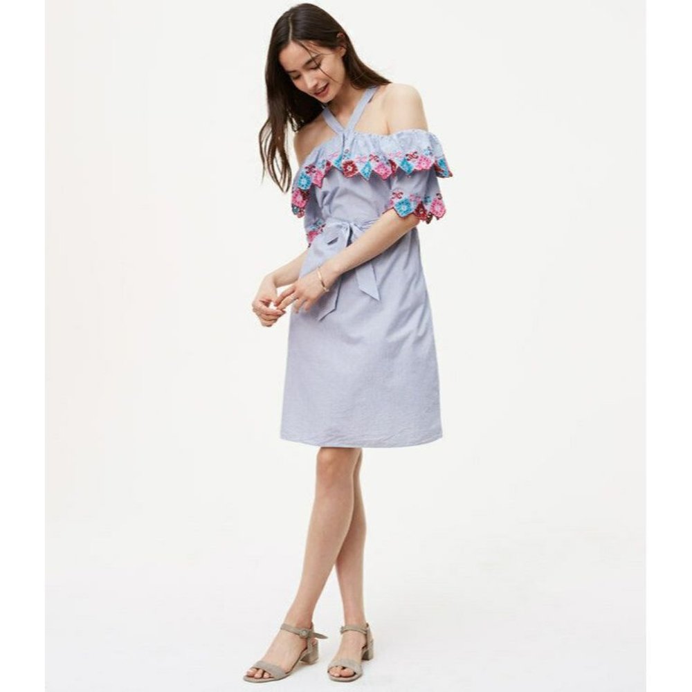 NWT ANN TAYLOR LOFT  BLUE STRIPED EMBROIDERED SHIFT COLD SHOULDER DRESS SIZE: S